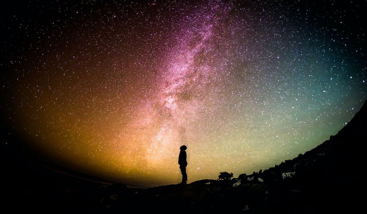 夜空の満点の星を見上げる人